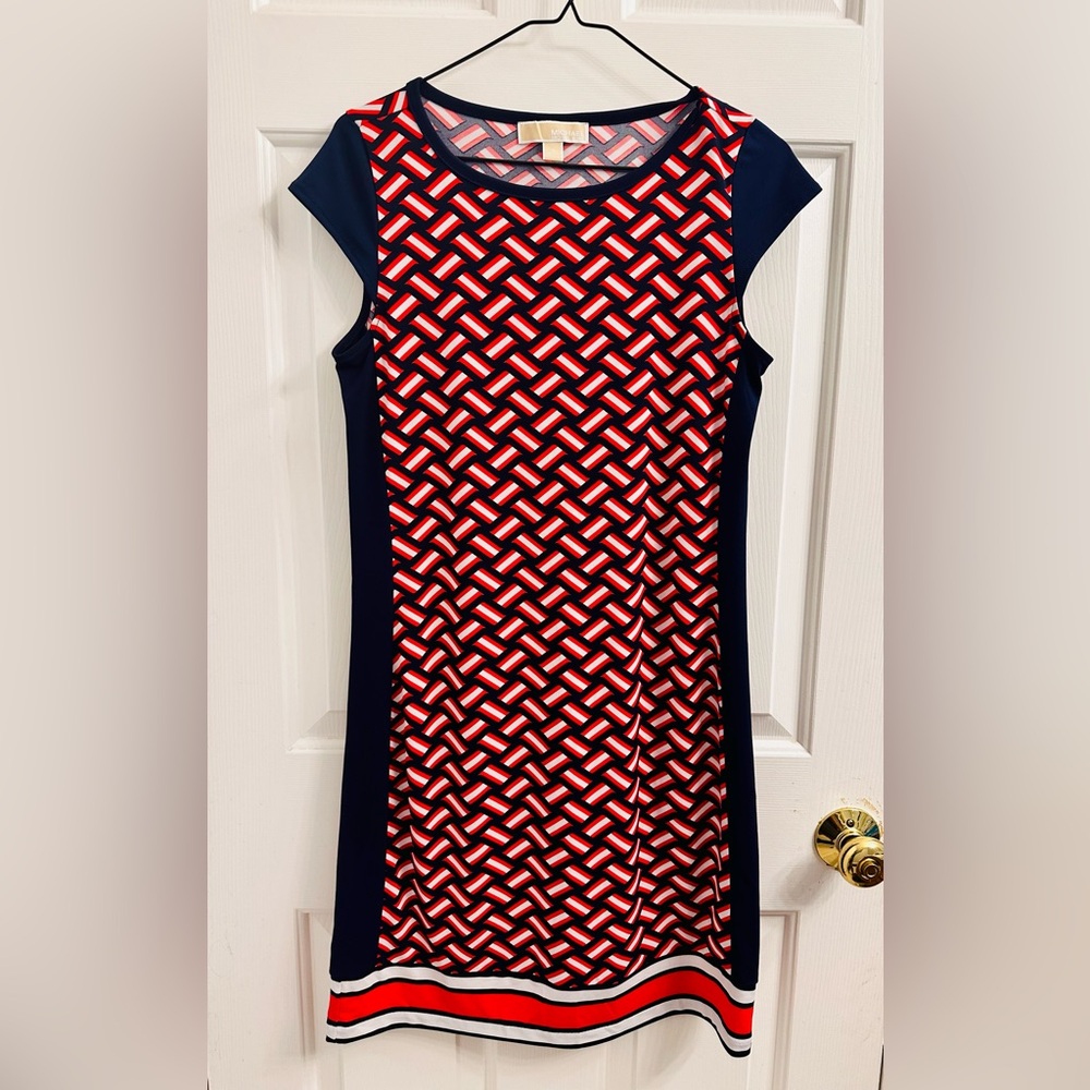 Michael Kors Navy and Orange Geometric Patterned Midi Dress